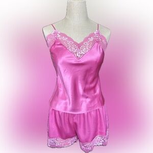 Silky Pink Lace-Trim Satin Cami & Short Set